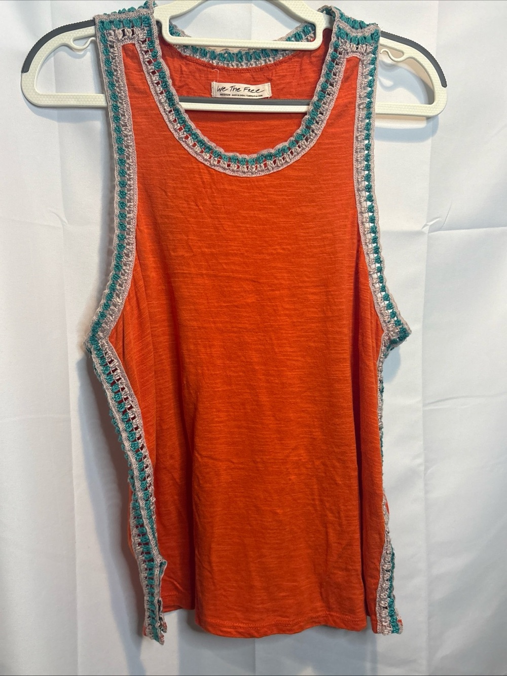 We The Free Bright Orange Tank with Teal and Cream Crochet Trim